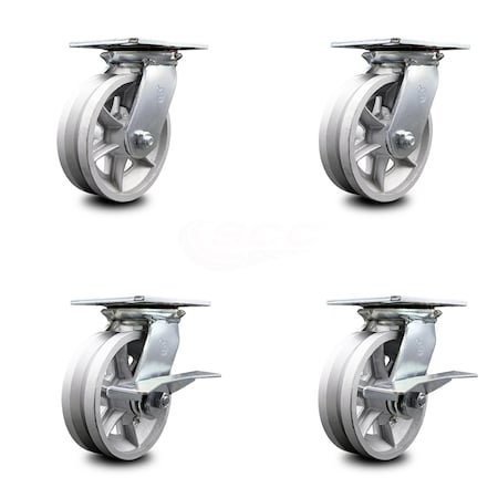 Service Caster 6 Inch V Groove Semi Steel Swivel Caster Set with Roller Bearings 2 Brakes SCC SCC-35S620-VGR-2-SLB-2